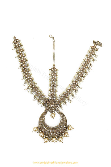 Antique Gold Finished Pearl Champagne Stone Matha Patti By PTJ Exclusive